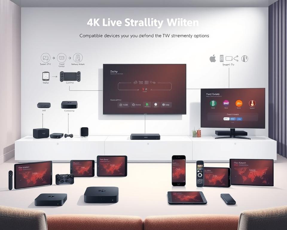 a high-quality digital illustration showcasing an array of compatible devices and setup options for a 4K live TV streaming service, set against a clean, minimalist background with soft lighting. The foreground features various devices such as smart TVs, streaming boxes, tablets, and smartphones, each showcasing their compatibility with the service. The middle ground displays setup instructions, connection diagrams, and control interfaces, while the background subtly suggests the idea of a connected home entertainment system. The overall atmosphere conveys a sense of accessibility, simplicity, and technological sophistication.