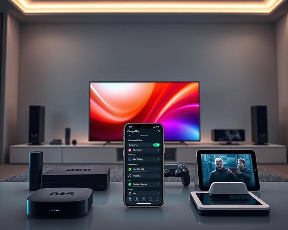 device compatibility, a diverse array of electronic devices seamlessly integrating with each other, showcasing their versatility and interconnectivity. In the foreground, a sleek smart TV, its screen illuminating with vibrant colors, surrounded by a collection of complementary devices - a streaming box, a gaming console, and a tablet, all harmoniously connected. In the middle ground, a smartphone serves as a central hub, its intuitive interface displaying compatibility options, guiding the user through a seamless setup process. The background features a minimalist, modern interior, with clean lines and subtle lighting, creating a sense of technological sophistication. The overall atmosphere conveys a smooth, effortless experience, where devices work in harmony to deliver a comprehensive entertainment and connectivity solution. device compatibility, a diverse array of electronic devices seamlessly integrating with each other, showcasing their versatility and interconnectivity. In the foreground, a sleek smart TV, its screen illuminating with vibrant colors, surrounded by a collection of complementary devices - a streaming box, a gaming console, and a tablet, all harmoniously connected. In the middle ground, a smartphone serves as a central hub, its intuitive interface displaying compatibility options, guiding the user through a seamless setup process. The background features a minimalist, modern interior, with clean lines and subtle lighting, creating a sense of technological sophistication. The overall atmosphere conveys a smooth, effortless experience, where devices work in harmony to deliver a comprehensive entertainment and connectivity solution.